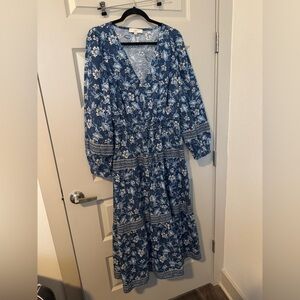 LOFT Navy Floral Long Sleeve Dress